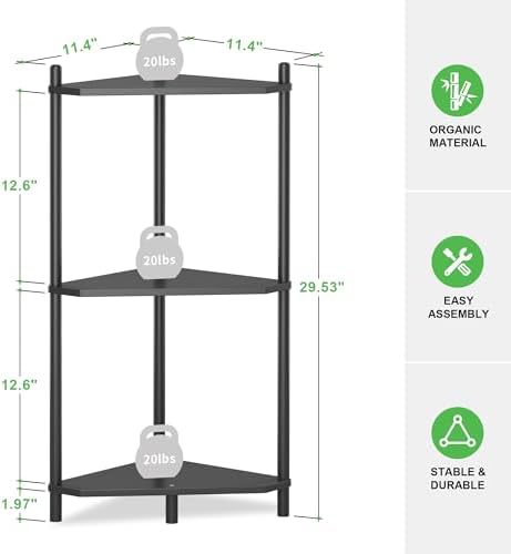 Wisuce Black Small Corner Shelf Stand, 3-Tier Bamboo Corner Bookshelf - Image 2