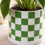 Checkered Ceramic Planter Pot with Drainage Hole and Saucer, Black and White Planters Decor,Indoor Cylinder Round Planter Pot (Green, Medium) - Image 6