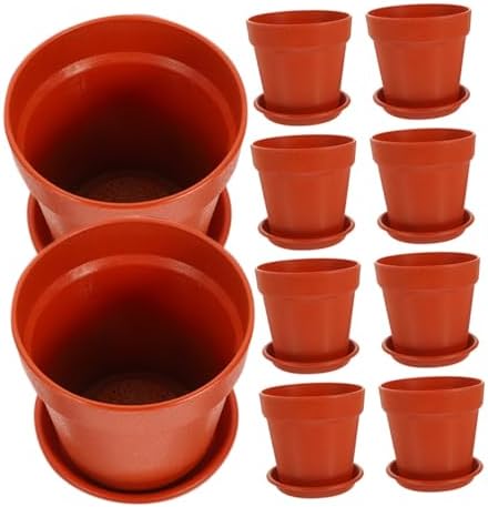 Homoyoyo 10pcs Terracotta Color Plastic Flower Pots with Saucer, 14.5cm Diameter Tabletop Planter Pots for Succulent and Indoor Plant Nursery, Garden Planting Container Set by Homoyoyo