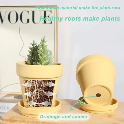 vensovo 4 Inch Yellow Terracotta & Clay Pots with Saucer, 6 Pack - Image 5