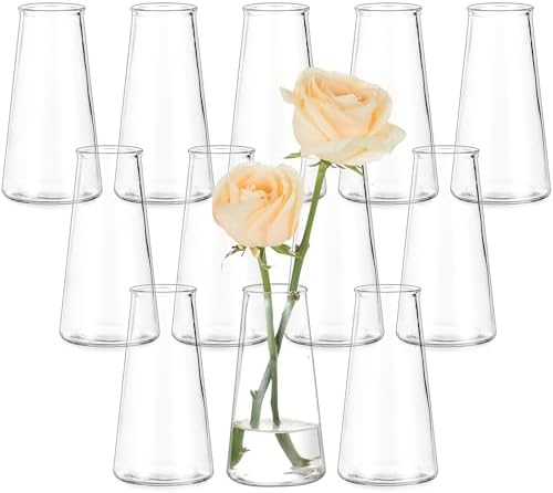 Hewory Glass Bud Vases for Centerpieces: Small Clear Modern Flower Vase Set of 12, Minimalist Cute Mini Decorative Bulk Vases for Wedding Birthday Bridal Shower Party Events Dining Room Table Decor by Hewory