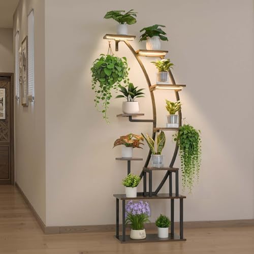 VEVOR Plant Stand Indoor with Grow Lights, 63 in Tall 9-Tier Lighted Plant Shelf, Metal Corner Plants Holder, 3 Timer & 10 Brightness, Curve-Shaped Flower Display Rack for Living Room Balcony Decor by VEVOR