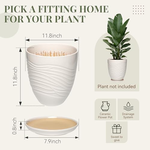 11.8 Inch Modern Ceramic Plant Pot with Saucer, Flower Pot with Drainage Hole Mesh Net,Indoor Outdoor Planter (White) - Image 6