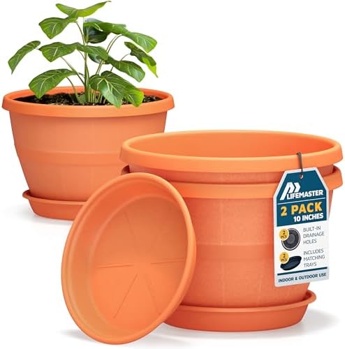 10-Inch Whiskey Barrel Planters Outdoor Pack of 2 - Durable Plastic Plant Pots for Indoor & Outdoor Use with Drainage & Saucer, Lightweight Rustic Barrel Planters for Flowers, Herbs & Small Plants by LIFEMASTER