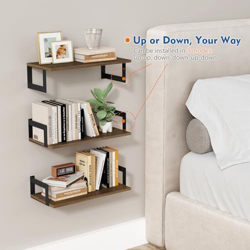 Harwaya Floating Book Shelves for Wall Set of 3, 17 x 8 Inch Deep Wooden Wall Bookshelf for Bedroom Office, Rustic Wood Hanging Wall Shelves for Living Room Kitchen (Dark Brown) - Image 6