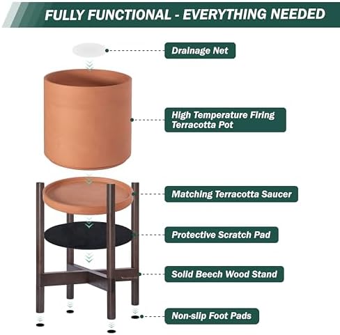 D'vine Dev Terracotta Pot with Walnut Wood Stand, 8 in, 55-B-Y-5 - Image 5