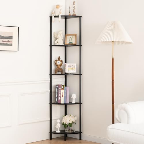Yoobure Corner Shelf Stand, 5-Tier Bookshelf, 65" Tall Shelves for Bedroom, Living Room, Narrow Display Bookcase, Black with Display Shelves for Office by Yoobure