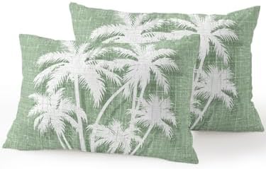 Tropical Palm Tree 12x20 Waterproof Outdoor Lumbar Pillows Set of 2 with Inserts, Vintage Sage Green Exotic Botanical Plants Patio Decorative Cushion Pillows for Outdoor Sofa Bench Porch Balcony by Hokiten