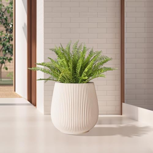 16" Pear-Shaped Fluted Outdoor Planter, Off-White, Modern Round Plant Pot - Image 4