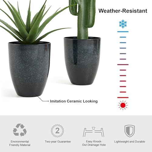 Glitzhome 16.75" H Garden Tall Planter Pots,Set of 2 Modern Round Tall Planter with Drainage Holes,PE and Stone Faux Ceramic Large Flower Pots for Outdoor Indoor,Ceramic Gradient Turquoise - Image 3