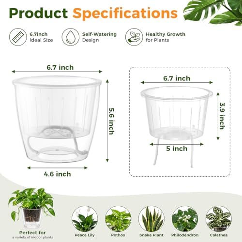 Clear Self Watering Pots for Indoor Plants, 6-Pack 6.7'' Clear Plant Pots with Drainage, Self Watering Planter, African Violet Pot, Semi Hydroponic Pot for Orchids, Flowers, Herbs - Image 3
