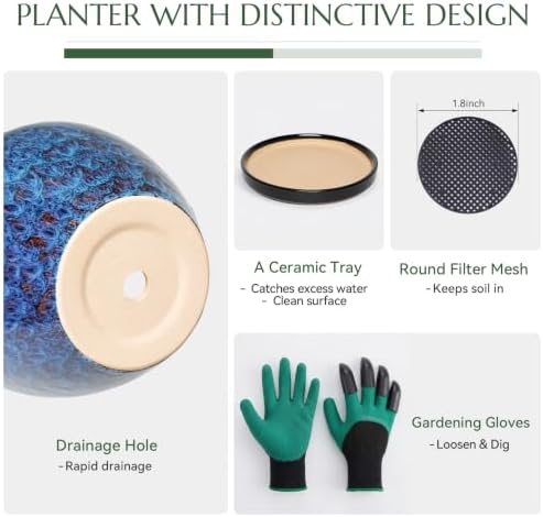10.6 Inch Ceramic Planter with Saucer for Indoor Plants (Speckled Blue) - Image 3