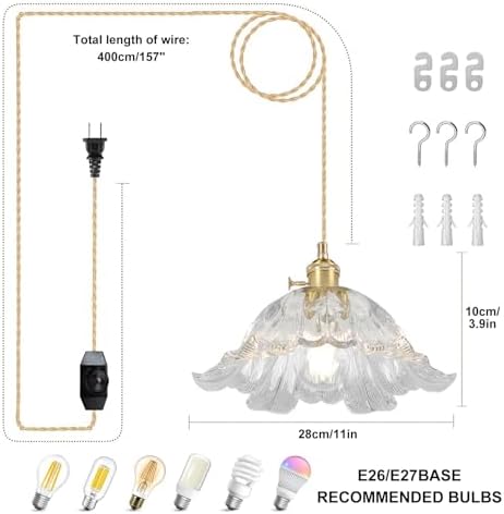 Plug in Pendant Light Fixtures,Hanging Light Fixture Flower Transparent Glass Pendant Light 11 inch E26 Pendant Lighting for Kitchen Island, Bedroom, Dining Room, Living Room - Image 2