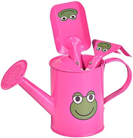 Sungmor Small Watering Can Set Cute Little Gardener Kit | Package Includes 3PC Rose Red Frog Watering Can & Trowel & Rake Gardening Hand Tools | Perfect for Garden,Yard or Beach by Sungmor