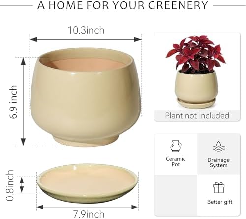 10.3 Inch Ceramic Planter with Saucer,Modern Garden Pots with Drainage Hole Mesh Net, for Indoor Outdoor Use (Pink Yellow) - Image 6