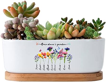 Personalized Birth Month Flower Plant Pot with Kids Names,Custom Grandma's Garden Ceramic Succulent Planter with Bamboo Tray Indoor Outdoor Home Decor Plants, for Mom Grandma,A2 by Uitwaieen
