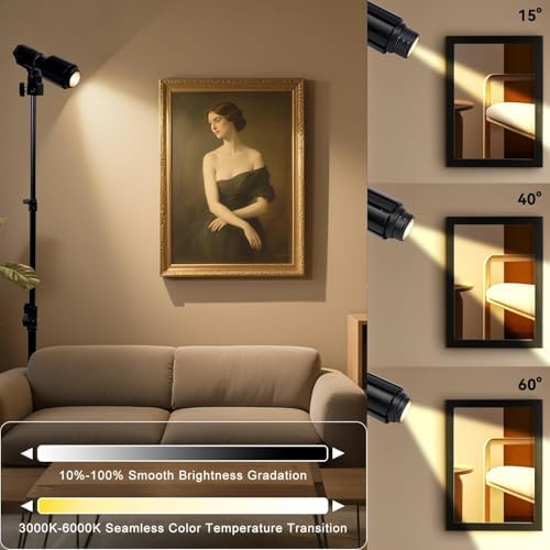 10W Spot Lights Indoor, 22-63.5” Adjustable Tripod & E26 Replaceable 15° to 60° Zoomable Plant Grow Light Bulb, Dimmable 6000K Up Light with Remote, Aluminum Floor Spotlight Indoor, Black - Image 3