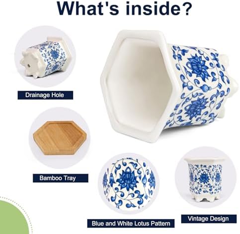 Succulent Pots, 3.7" Small Plant Pots with Drainage Tray, 6 Pack Small Planters for Indoor Plants, Ceramic Flower Pots for Cactus, Mini Succulents, Home Decor, Vintage Blue - Image 4