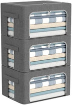 CYhom 3Pack Foldable Storage Bins - Frame Storage Box Linen Fabric Stackable Clothes Container Organizer with Clear Window & Carry Handles Large Capacity (Small-22L, Dark Gray) by CYhom