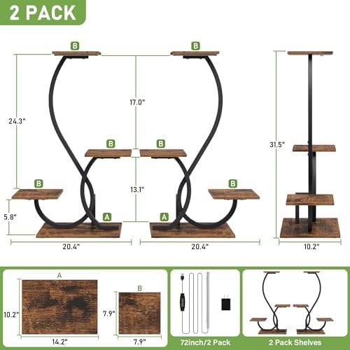 BACEKOLL Plant Stand Indoor with Grow Lights - 2 Pack Plant Shelf, Lighted Corner Plant Stands for Indoor Growing, 4 Tiered Metal Flower Holder, S-Shaped Decorative Shelves for Home, Hallway, Black - Image 6