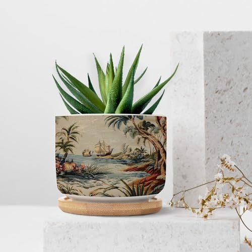 Antique Chinoiserie Planter Ceramic Coral Peony Chic Asian Round Plant Pot with Drainage Holes and Bamboo Tray Pot for Home Office Decoration - Image 7