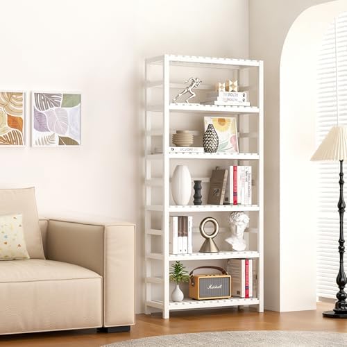 VASMIA 6-Tier Bamboo Shelf,Bamboo Storage Shelving Unit,Tall Bookcase with Adjustable Shelves,Multipurpose Storage Display Shelf for Bathroom, Living Room, Balcony, Kitchen,White - Image 2