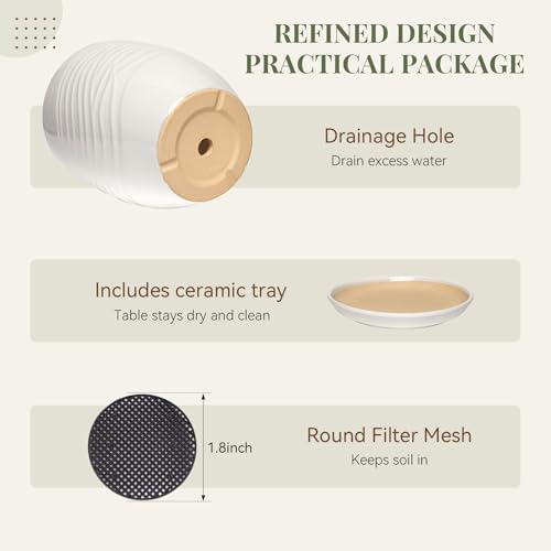 11.8 Inch Modern Ceramic Plant Pot with Saucer, Flower Pot with Drainage Hole Mesh Net,Indoor Outdoor Planter (White) - Image 4
