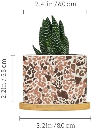 Red Brown Light Gray Leopard Planter Ceramic African Tribal Animal Print Round Plant Pot with Drainage Holes and Bamboo Tray Pot for Home Office Desk Garden - Image 2