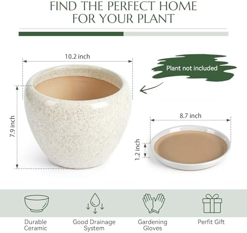 10.2 Inch Ceramic Planter with Saucer Leak-Proof Mesh &Drainage, Round Plant Pot with Gardening Gloves for Indoor Outdoor Plants - Image 5