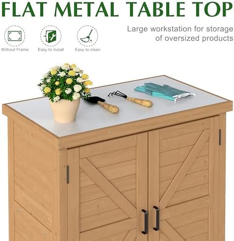 Outdoor Storage Cabinet & Potting Bench Table with Metal Top, Wooden Patio Furniture, Garden Workstation (Light Brwon, 36x31x17in) - Image 4