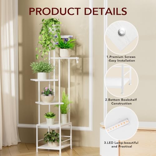 Homsorout Plant Stand Indoor with Grow Light - 6-Tier Metal Plant Shelf with Hanging Basket Hook, Corner Tall Flower Holder for Multiple Plants, Living Room Balcony Garden Patio, White - Image 4