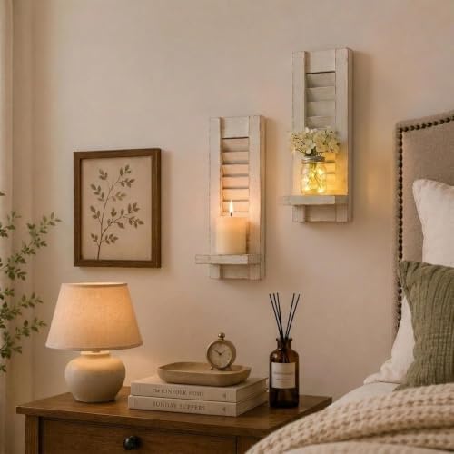 Farmhouse Wall Candle Holders Set of 2, White Wood Shutter Decor - Image 6