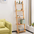 Tangkula Bamboo 5-Tier Ladder Shelf Bookshelf, Wall-Leaning Bookshelf, Plant Flower Stand, Storage Display Shelves for Living Room Bathroom Office, Multifunctional Ladder Bookcase (Natural) - Image 2