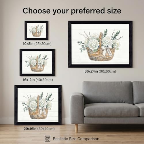 Framed Canvas Wall Art Watercolor Floral Wicker Basket White Hydrangeas Canvas Print Poster Black Frame Wall Decor for Living Room Bedroom Pussy Willow, Grace Decor - Inch 16x20 - Image 3