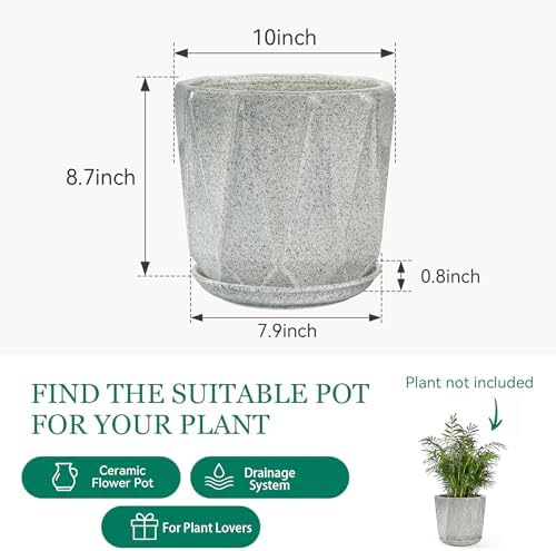 10 Inch Ceramic Plant Pot with Drainage Hole Mesh Net, Large Flower Pots for Indoor Plants with Saucer, Gardening Pots Outdoor (Gray-dot) - Image 6