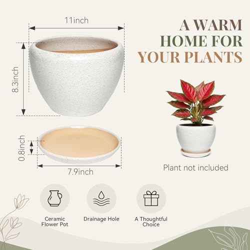 11 Inch Ceramic Plant Pot with Drainage Hole Mesh Net, Large Gardening Pots for Indoor Plants with Saucer, Waxen White - Image 6