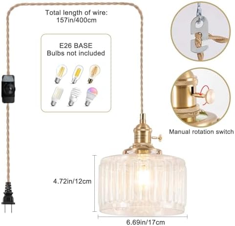 Pendant Light Fixtures,Plug in Hanging Light Fixture 6.6in Glass Pendant Light,E26 Pendant Lighting for Kitchen Island, Bedroom, Dining Room, Living Room - Image 2