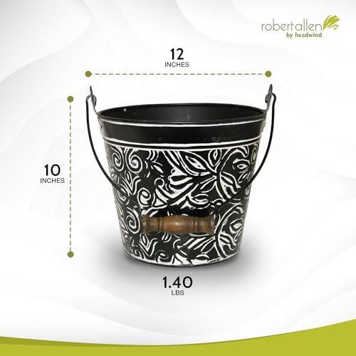 Headwind Vintage Floral Metal Planter with Handle, 12-Inch, Charcoal – Metal Flower Pot & Decorative Bucket Planter, Rustic Metal Outdoor Planter with Drainage Hole for Indoor Plants & Outdoor Garden - Image 2