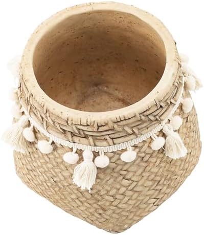 Set of 2 Brown Cement Planters with Woven Tassel Accent, 6.5 Inch - Image 3