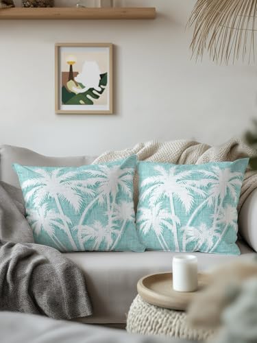 Throw Pillows 18x18 Set of 2, Tropical Palm Tree Waterproof Outdoor Pillow Covers with Insert, Vintage Mint Green Exotic Botanical Plants Decorative Pillowcase Cushion for Patio, Garden, Couch - Image 3