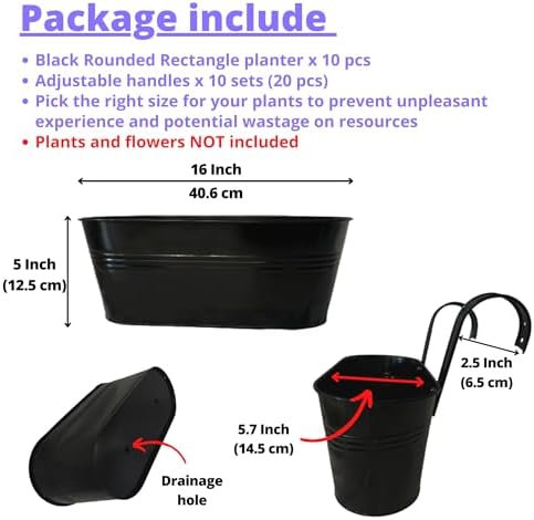 LaLaGreen Outdoor Rail Planter (16 in, 10 Pack) Black Metal Hanging Pots - Image 2
