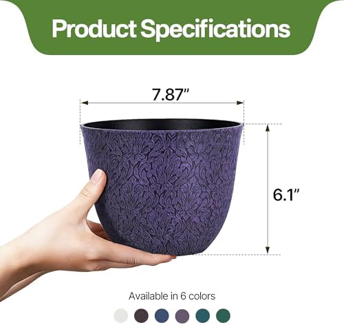 Worth Garden Plastic Round 8" Plant Pots for Indoor Plants - Set of 6 Multicolor Small Flower Pots W/Drainage Hole and Rubber Plug - Home Christmas Decorative planters Retro Floral Pattern - Image 5