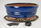 8.25" Oval Dark Blue Stain Glazed Bonsai Pot, Cactus & Succulent Planter + Tray + Rock + Mesh and Wire Combo (658-8B Combo) by Unknown