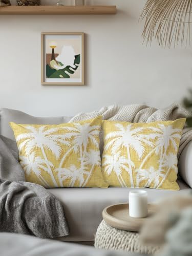Tropical Palm Tree 18x18 Waterproof Outdoor Throw Pillows Set of 2 with Inserts, Vintage Dark Yellow Botanical Plants Patio Decorative Cushions for Outdoor Sofa Porch Garden Furniture - Image 3