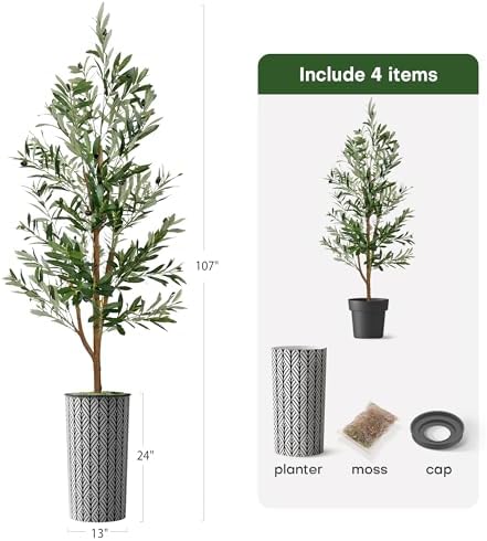 Artificial Tree in Black and White Geometric Planter, Fake Olive Silk Tree for Indoor and Outdoor Home Decoration - 68" Overall Tall (Plant Pot Plus Tree) - Image 5