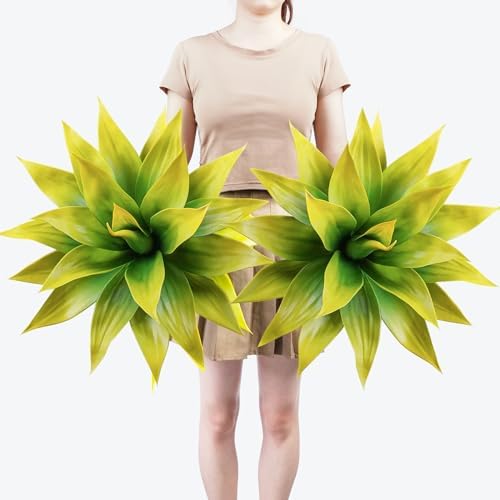 Ttranewsoo 2-Pack 22-Inch Large Artificial Agave Plants, UV Resistant Faux Desert Plants Outdoor and Realistic Greenery for Planters, Porch, Patio, Garden, Entryway and Indoor Decor, Yellow by Ttranewsoo