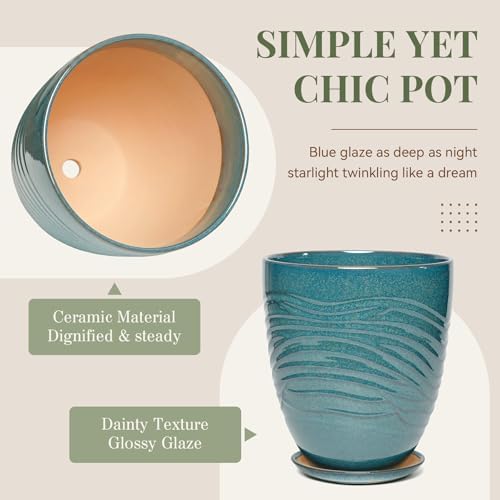 9.5 Inch Modern Ceramic Plant Pot with Saucer, Flower Pot with Drainage Hole Mesh Net,Indoor Outdoor Planter (Crackle-Blue) - Image 3