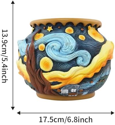 Starry Night Planter Pots/Vase Van Gogh Inspired Acolorful Art Resin Flower Pot with Drainage Hole for Indoor Plant Home Balcony Decor - Image 2