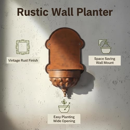 Vintage Wall Hanging Planter with Embossed Pattern, 22 Inch Rustic Distressed Iron Decorative Pot, Space Saving Wall Mount Pot for Indoor Outdoor Farmhouse Patio Porch Entryway Decor(A3206) - Image 2