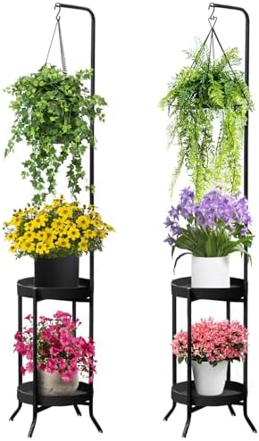 RINBOU 2Pcs Hanging Plant Stand Indoor Outdoor, Space-Saving Corner Metal Plant Shelf 3 Potted Flower Pot Stand, 2 Tier 61" Tall Modern Planter Holder for Patio Garden Balcony Living Room Bedroom by RINBOU